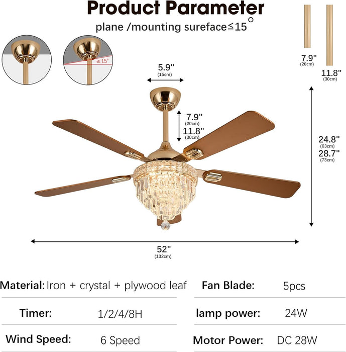 52" Crystal Chandelier Ceiling Fan with Lights - (Modern, Gold)
