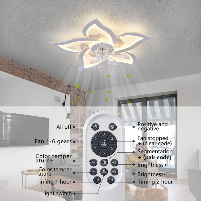 White Flower Modern Ceilingfans with Lights, Low Profile Ceiling Fan with Remote for Bedroom, Flush Mount Ceiling Fan with LED Dimmable Light,3-Colors, 6-Speeds, Timing Ceilingfan Light