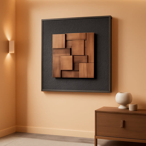 Framed 3D Textured Wood Wall Art, Modern Minimalist Black Painting Artwork for Walls, Vintage Geometric Natural Wooden Wall Art Decor for Living Room, Hallway, Dining Room, Bedroom, Office, 24X24
