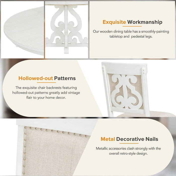 round Solid Wood Dining Table Set for 4, Farmhouse Kitchen Table Set with 4 Upholstered Chairs, 5-Piece Table and Chairs Set for Kitchen, Dining Room, Living Room, Antique White