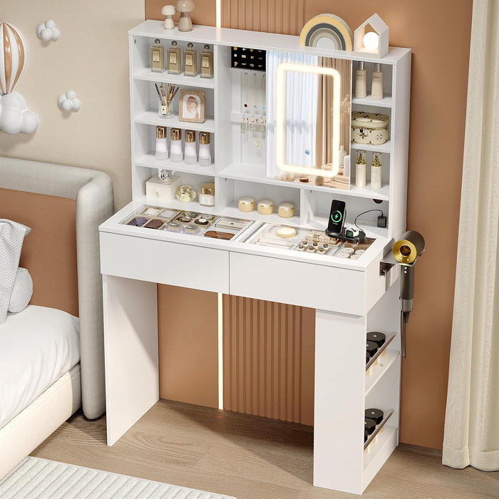 Vanity Desk with Sliding Mirror and Lights, Glass Top Makeup Vanity Table W/Shelves & Hidden Jewelry Storage & Power Outlets & Hairdryer Holder,54In White Dressing Table Gifts Girls