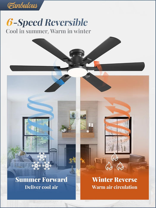 52 Inch Ceiling Fan with Lights, APP & Remote Control, Flush Mount Low Profile Black Ceiling Fan, 3000-6000K Dimmable LED, Quiet Reversible Motor, 6 Blades, 6 Speeds, for Bedroom Living Room