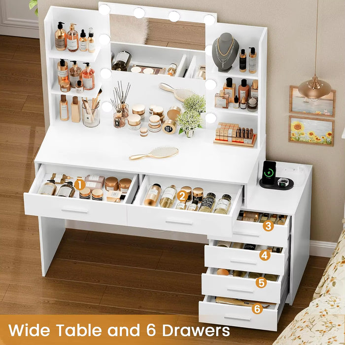 48" Large Vanity Desk with Mirror & Lights, Makeup Vanity Table with 6 Drawers & Power Outlet, 4 Open Storage Shelves,White