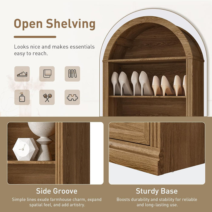 Walnut Farmhouse Arched Bookshelf 7 Tiers With 2 Drawers