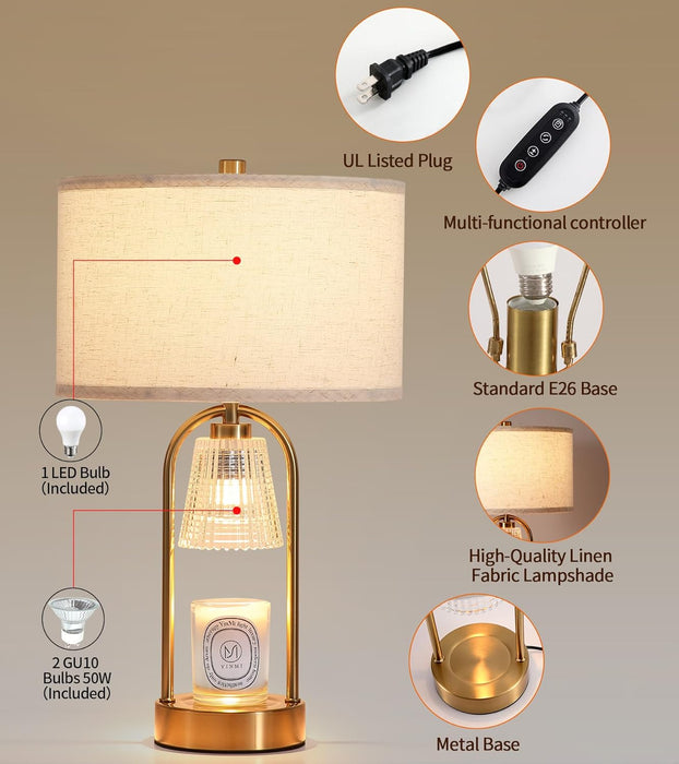 Table Lamp Candle Warmer Lamp with Timer & Dimmer,Antique Brass Gold Wax Melt Warmer,Modern Farmhouse Bedside Lamp for Bedroom Living Room Home Decor Mother’S Day Gifts for Women Bulbs Included