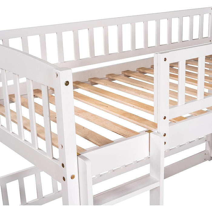Twin Low Bunk Bed with Openable Fence and Slide, White