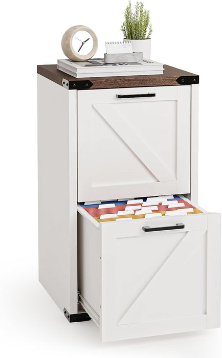 2 Drawer Farmhouse Metal File Cabinet, Home Office Filing Organizer for Letter File Folder Storage, Printer Stand with Drawers, Archivador, Vertical Filing Cabinet for Study, Business (White)