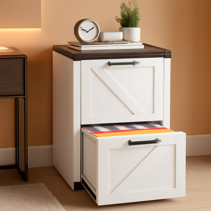 2 Drawer Farmhouse Metal File Cabinet, Home Office Filing Organizer for Letter File Folder Storage, Printer Stand with Drawers, Archivador, Vertical Filing Cabinet for Study, Business (White)