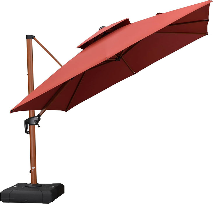 Patio Umbrella 10Ft Double Top Wood-Grain Finish, Brick Red
