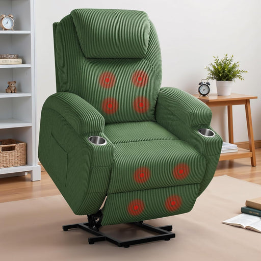 Power Lift Recliner Chair with Massage for Elderly Ergonomic Lounge Chair Classic Single Sofa with 2 Cup Holders Side Pockets Home Theater Seat (Corduroy, Green)