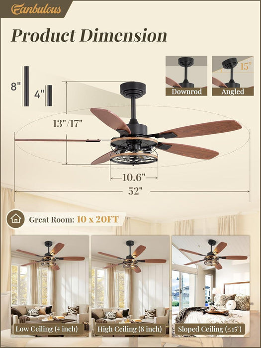 52 Inch Farmhouse Ceiling Fan with Light and Remote, Black Industrial Caged Flush Mount Ceiling Fans with 6 Speed Reversible Motor and Dual Finish 5 Blades, Rustic Ceiling Fan for Living Room, Bedroom