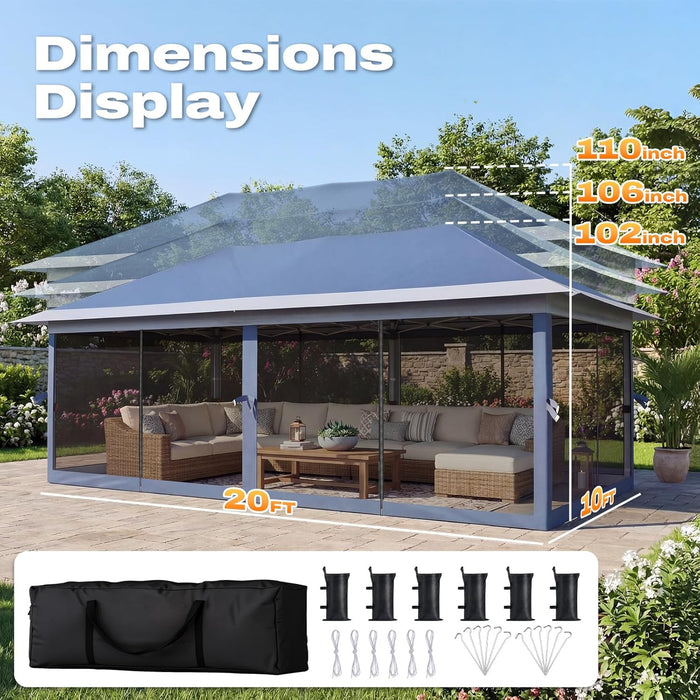 10X20 Pop up Gazebo Canopy Tent, One Person Set up Portable Instant Folding Shelter, Outdoor Canopy Tent with Extra Shade for Backyard, Patio, Party