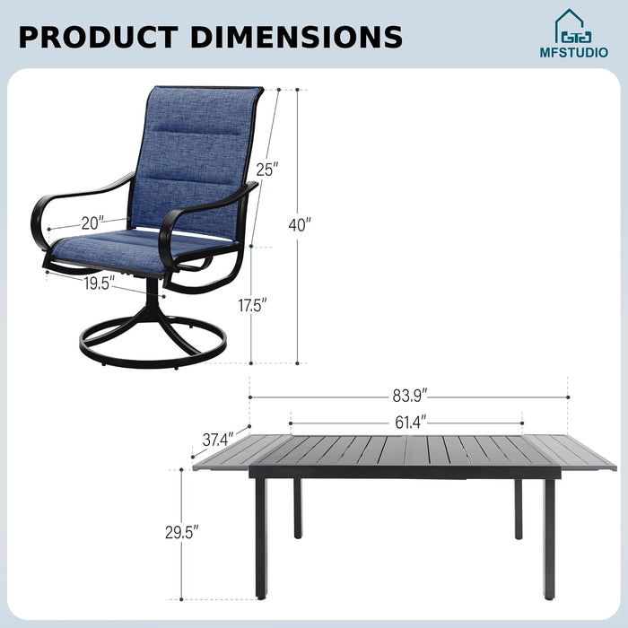 9-Piece Metal Outdoor Patio Dining Furniture Set with 6 Padded Sling Swivel Chairs and 1 Expandable Outdoor Dining Rectangle Table, Blue