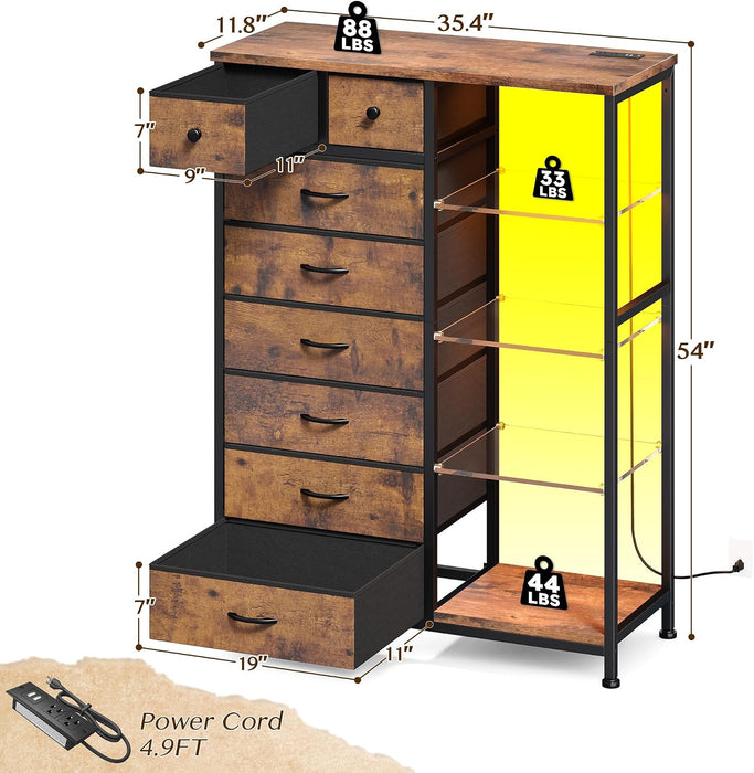Dresser with LED Lights & Power Outlets, 8 Drawers, 54" H, Brown