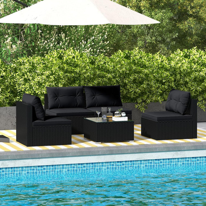 5-Piece Outdoor Patio Furniture Set, Rattan Sectional Sofa Set W/Glass-Top Coffee Table, Soft Seat & Back Cushions, Bistro Set for Garden Backyard Porch, Wicker Conversation Set (Black)