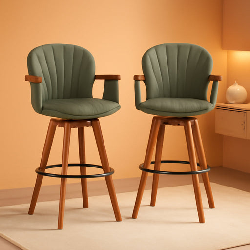 26” Counter Height Stools Set of 2,Mid Century Modern Bar Stools,Green PU Leather Kitchen Island Stool,Wood High Barstools Swivel with Back and Arms for Home Bar Furniture