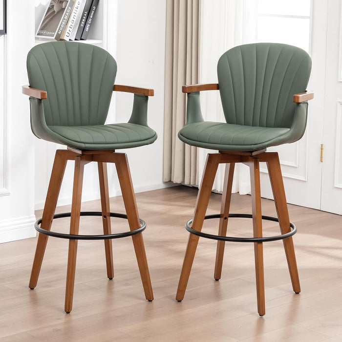 26” Counter Height Stools Set of 2,Mid Century Modern Bar Stools,Green PU Leather Kitchen Island Stool,Wood High Barstools Swivel with Back and Arms for Home Bar Furniture