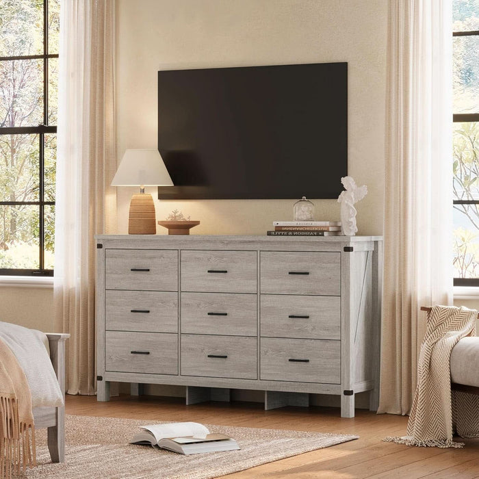 Dresser for Bedroom with 9 Drawers, 59” Wide Chest with Deep Drawer, Modern Farmhouse Dresser TV Stand with Metal Handles, Wood Storage Cabinet for Closet, Living Room, Hallway, Wash Grey
