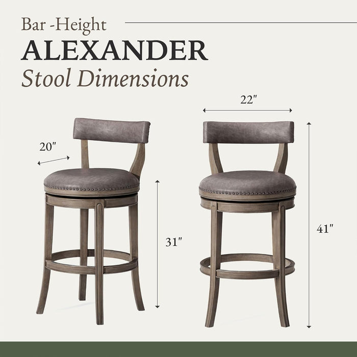 Alexander 31 Inch Tall Bar Height Rotating Low Back Barstool in Reclaimed Oak Finish with Ronan Stone Vegan Leather Seat