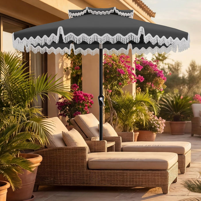 9FT 2 Tier Fringe Patio Umbrella W/Tilt