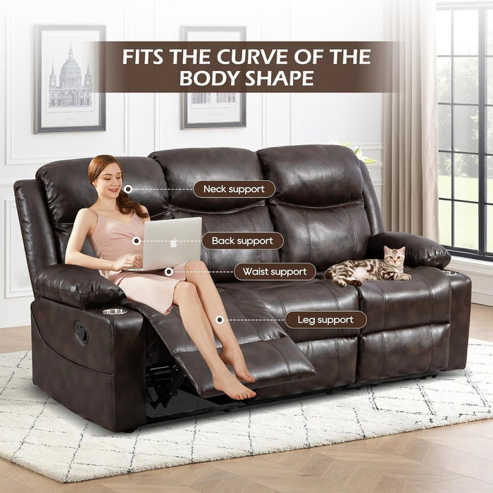 Reclining Sofa - 3 Seater Manual Recliner with Massage and Heat, Cup Holders, Loveseat Recliner Couch for Living Room(Brown)