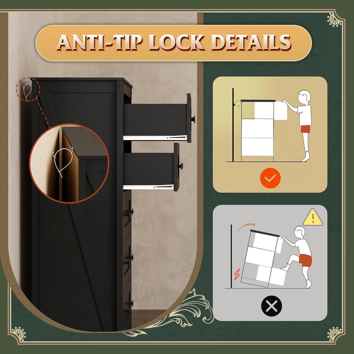 Farmhouse 5 Drawer Dresser for Bedroom, Wood Dresser Storage Organizer, Tall Black Dressers with Double Rustic Handle, Chest of Drawers for Living Room, Hallway, Closet