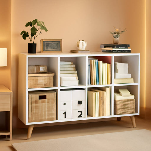 8-Cube Bookshelf 2 Tier Modern Bookcase with Legs, 11In Shelf Opening, 47" Wood Bookshelves Storage Organizer Shelf, Freestanding Open Book Shelves for Bedroom Living Room Office, White