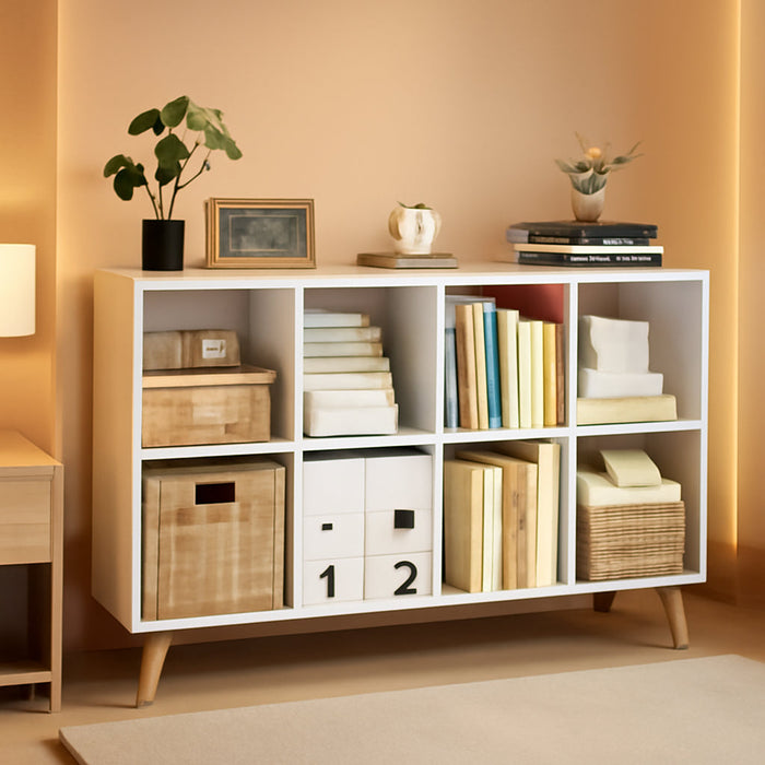 8-Cube Bookshelf 2 Tier Modern Bookcase with Legs, 11In Shelf Opening, 47" Wood Bookshelves Storage Organizer Shelf, Freestanding Open Book Shelves for Bedroom Living Room Office, White