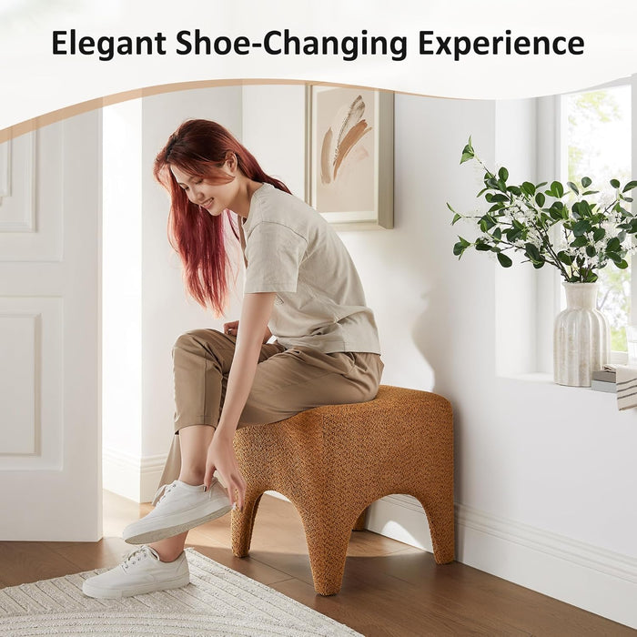 17" Boucle Modern Square Foot Stool Ottoman, Vanity Stool for Makeup, Rectangle Foot Rest for Couch, Upholstered Ottoman Stool for Living Room, Bedroom, Entryway (1, Curry)