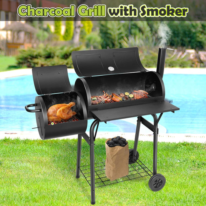 Outdoor Charcoal Grill with Cover, Large Barrel BBQ Grill with Offset Smoker, Great for Camping Patio Backyard Garden Party Picnic Beach, Large 420.SQ.IN Cooking Area, 2 Screwdrivers - Black