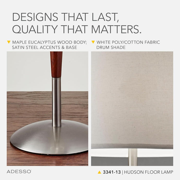 Hudson Floor Lamp - Adjustable Brightness, Perfect Lighting for Bedroom, Living Room and Corner Decor, Maple Eucalyptus Wood & Satin Steel Accents, Soft/White Lampshade