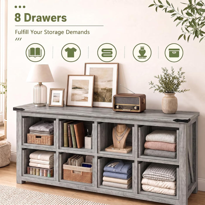 59" Wide Dresser for Bedroom with 8 Drawers, Farmhouse Wood Grey