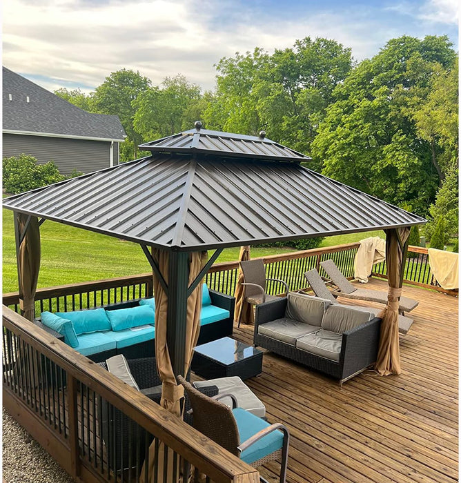 10' X 13' Hardtop Gazebo Galvanized Steel Outdoor Patio Gazebo Canopy Double Roof Pergolas Aluminum Frame with Netting and Curtains for Garden, Patio, Lawns, Parties