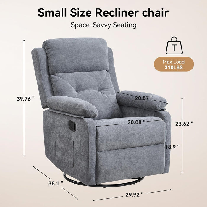 Swivel Rocker Recliner Chair with Adjustable Backrest and Footrest, Ultra-Comfy Fabric Reclining Chair, Glider Recliner with Lumbar Support & Overstuffed Arms, Chairs for Living Room (Grey)
