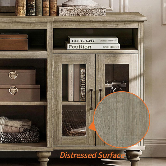 Buffet Cabinet with 4 Glass Doors, Large Coffee Bar Tables Wood Kitchen Storage Cabinets with 9 Storages, Modern Farmhouse Sideboard Credenza, Wash Gray, 70 Inch