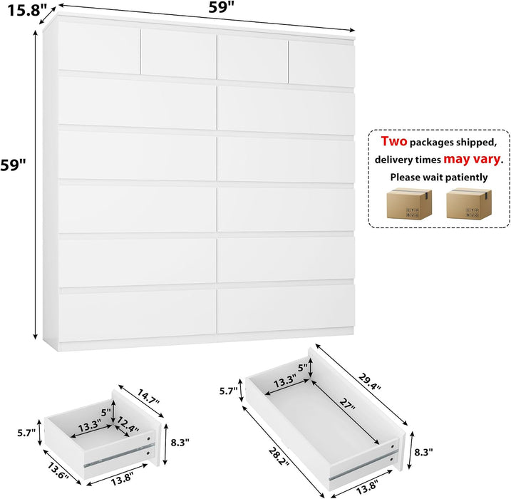 59" W 59" H White Bedroom Dresser, 14 Drawer Large Tall Chest of Drawers