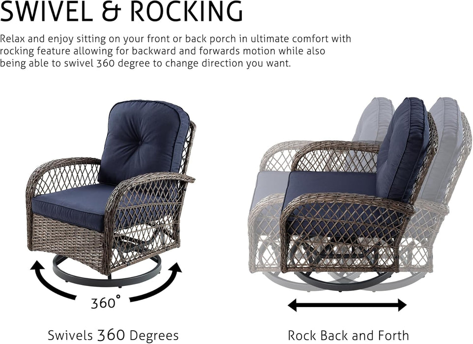 3 Pieces Patio Furniture Set, Outdoor Swivel Glider Rocker, Wicker Patio Bistro Set with Rocking Chair, Cushions and Table (Blue)