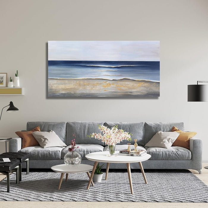 Ocean Wall Art Blue and Gold Modern Minimalist Wall Decor Sea Wave and Beaches Canvas Painting for Living Room Bedroom Dinning Room Home Office Home Decor 24X48 Inch