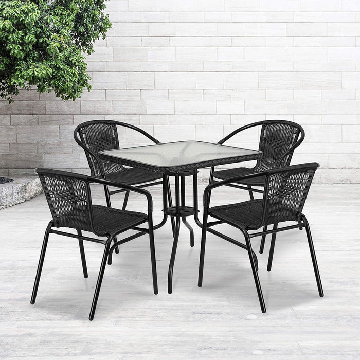 5-Piece 28" Square Indoor/Outdoor Patio Table and Chairs Set, Dining Set with Glass Metal Bistro Table, 4 Stack Rattan Chairs, Black