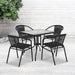 5-Piece 28" Square Indoor/Outdoor Patio Table and Chairs Set, Dining Set with Glass Metal Bistro Table, 4 Stack Rattan Chairs, Black
