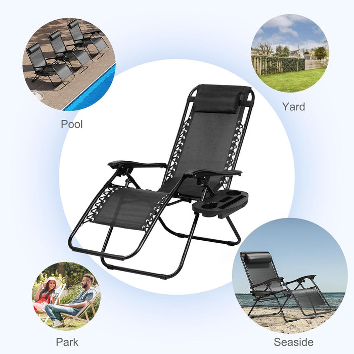 Set of 2 Relaxing Recliners Patio Chairs Adjustable Steel Mesh Zero Gravity Lounge Chair Beach Chairs with Pillow and Cup Holder Black