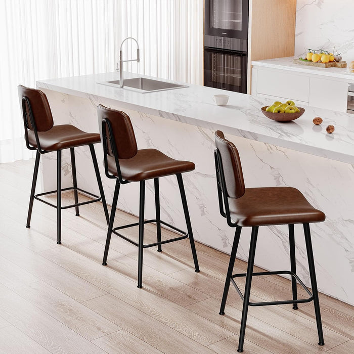 24-Inch Leather Bar Stools Set of 3 with High Backrest, Dark Brown