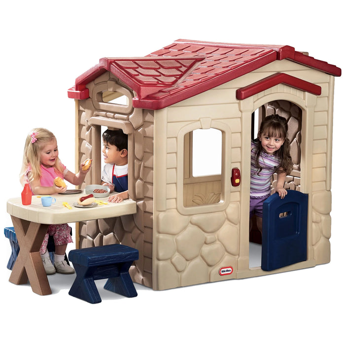 Picnic on the Patio Playhouse with 20 Play Accessories, Working Doorbell, Indoor and Outdoor Backyard Toy, Tan- for Kids Toddlers Boys Girls Ages 2 3 4+ Year Old