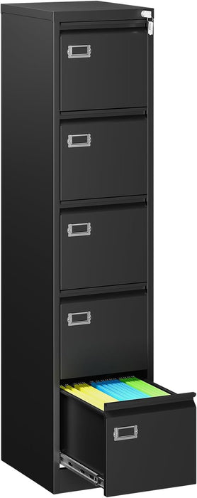 5 Drawer File Cabinet, Black Vertical Filing Cabinets with Lock, Home Office File Folders Storage Cabinet for Letter Legal File Size.