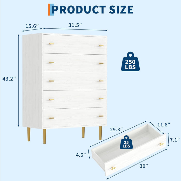 Farmhouse 5 Drawer Dresser for Bedroom, 43"Tall Wood Chest of Large Drawers