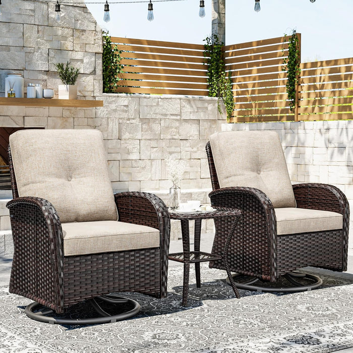 Outdoor Swivel Rocker Chairs, 3 Piece Wicker Patio Set with Thick Cushion and Side Table, Rattan Patio Swivel Rocking Chairs for Porch, Deck Use (Brown/Beige, 3 PCS)