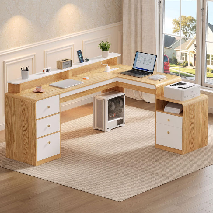 66" Farmhouse L Shaped Desk with 5 Drawers & File Drawers for Home Office
