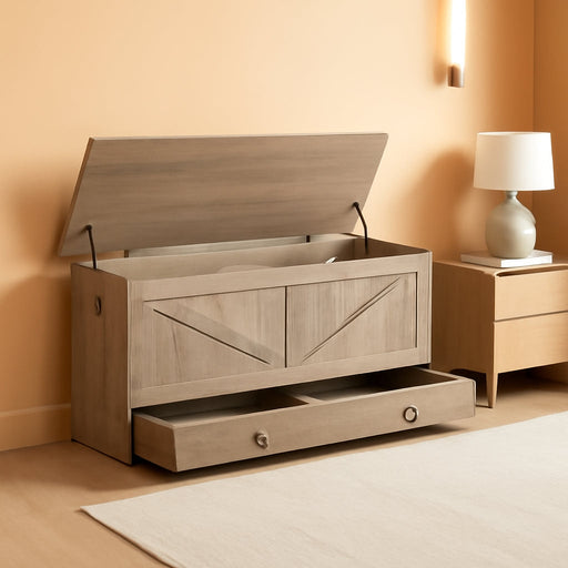 Storage Chest, 43.3" Toy Chest with Drawer, Wooden Storage Bench, Sturdy Entryway Bench Supports 220 Lb, Shoe Bench, Safety Hinge, U-Shaped Opening, Easy Assembly, Greige BG711CW01G1