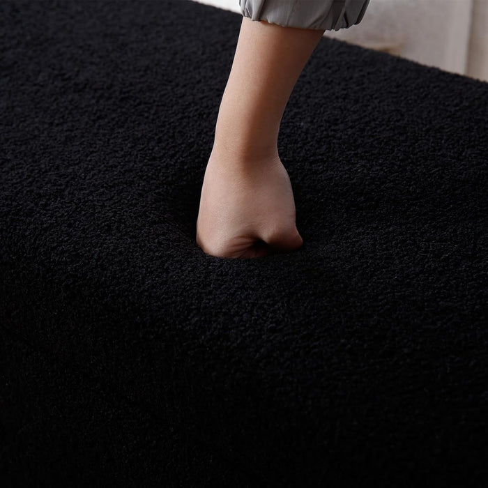 50" Ottoman Storage Bench, Modern End of Bed Bench with Upholstered Seating, Comfy Cute Oval Entryway Bench for Living Room/Bedroom/Entrance/Hallway, Sherpa Black