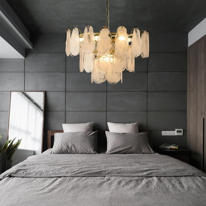 Gold Modern Chandelier 23In 9-Light Cloud Glass Pendant Light Mid Century Chandelier with White Shell Crystal Chandeliers for Bedroom Dining Room Living Room Kitchen Island Foyer